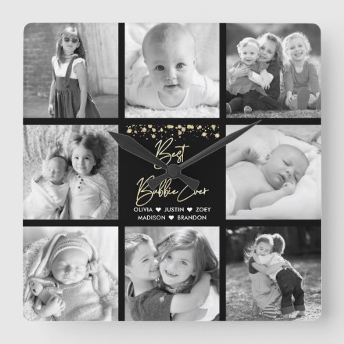 Best Bubbie Ever 8 Photo Collage Gold Glitter Glam Square Wall Clock