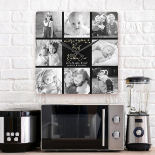 Best Bubbie Ever 8 Photo Collage Gold Glitter Glam Square Wall Clock