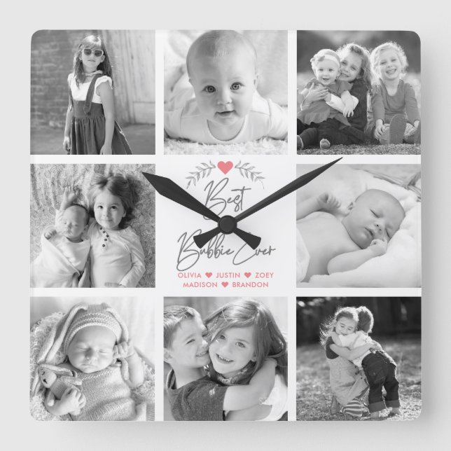 Best Bubbie Ever 8 Photo Collage Modern Script Square Wall Clock (Front)