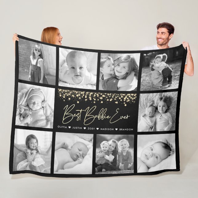 Best Bubbie Ever Gold Glitter 10 Photo Collage Fleece Blanket (In Situ)