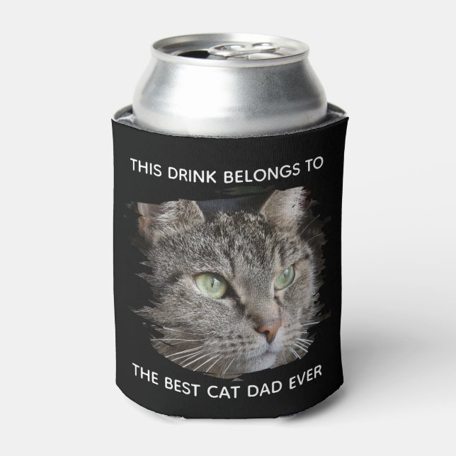 Best Cat Dad Ever Custom Photo Black Can Cooler (Can Front)