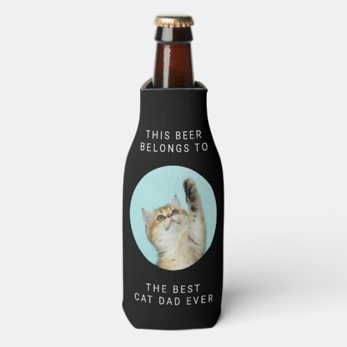 Best Cat Dad Ever Custom Text and 2 Photos Black Bottle Cooler