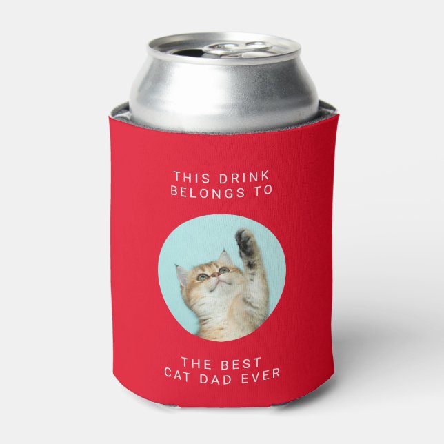 Best Cat Dad Ever Custom Text and 2 Photos Red Can Cooler (Can Front)