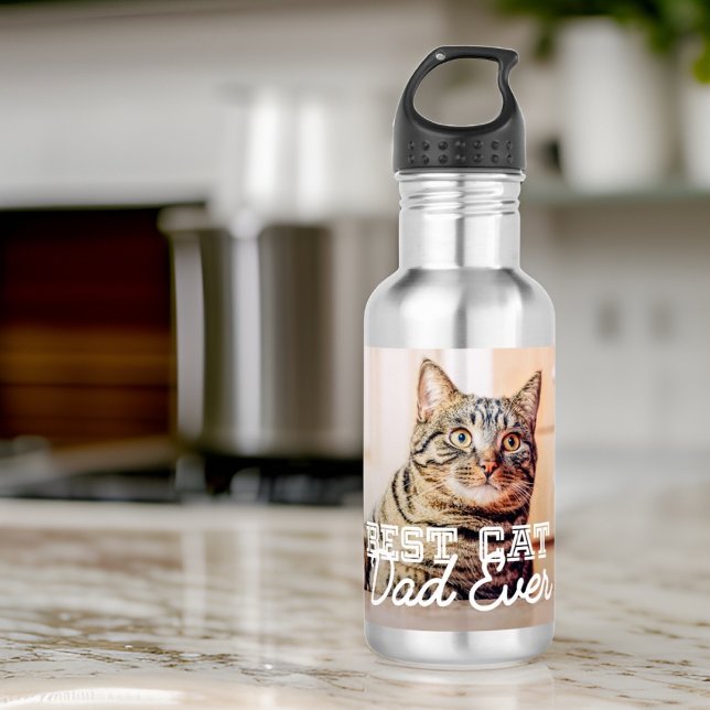 Best Cat Dad Ever Modern Custom Pet Photo Stainless Steel Water Bottle (Creator Uploaded)