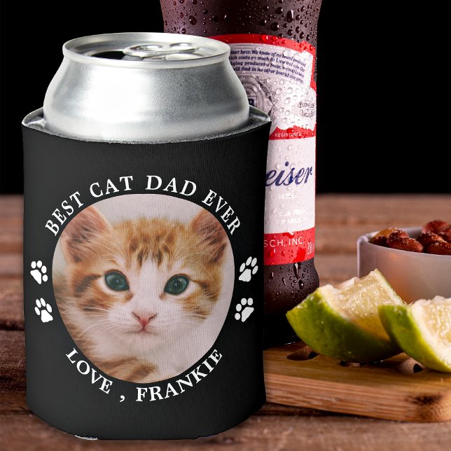 Best Cat Dad Ever Paw Prints Custom Cute Pet Photo Can Cooler (Creator Uploaded)