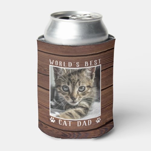 Best Cat Dad Paw Prints Pet Photo Rustic Can Cooler