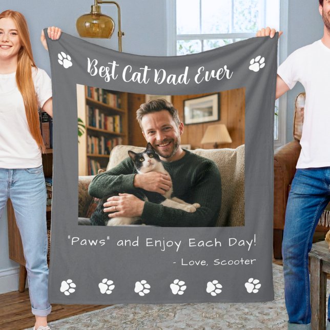 Best Cat Dad Paws Gray Pet Photo Fleece Blanket (Creator Uploaded)