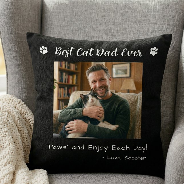 Best Cat Dad Paws Pet Photo Black Throw Pillow (Creator Uploaded)