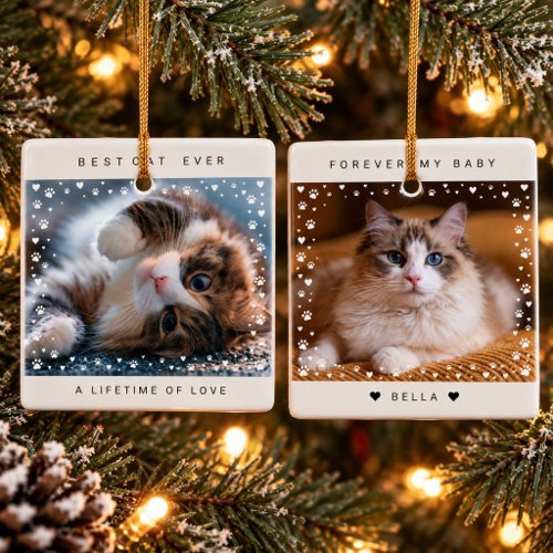 Best Cat Ever Paw Prints Hearts Photo Pet Memorial Ceramic Ornament
