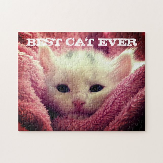 Best Cat Ever Personalized Cat Photo Pink Blanket Jigsaw Puzzle (Horizontal)