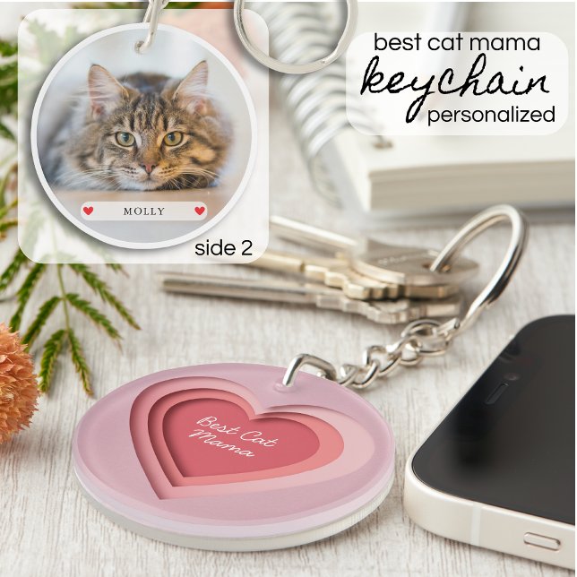 Best Cat Mama Custom Photo Heart Keychain (Creator Uploaded)