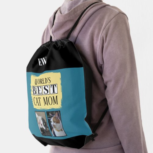 Best cat mom 2 photo initials blue yellow drawstring bag