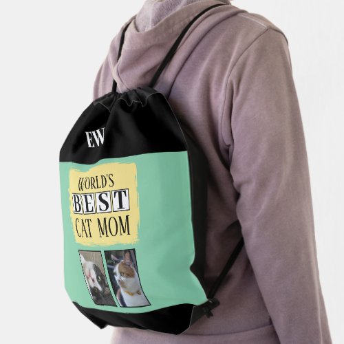 Best cat mom 2 photo initials green yellow drawstring bag