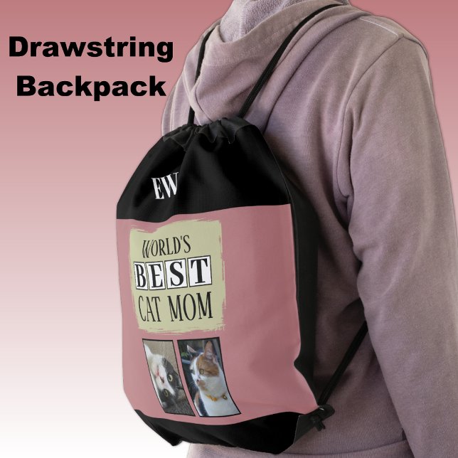 Best cat mom 2 photo initials pink green drawstring bag (Creator Uploaded)