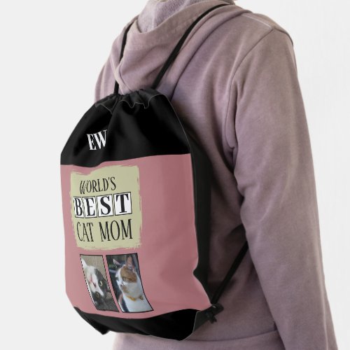 Best cat mom 2 photo initials pink green drawstring bag