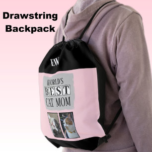 Best cat mom 2 photo initials pink grey drawstring bag