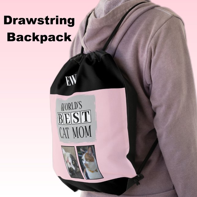 Best cat mom 2 photo initials pink grey drawstring bag (Creator Uploaded)