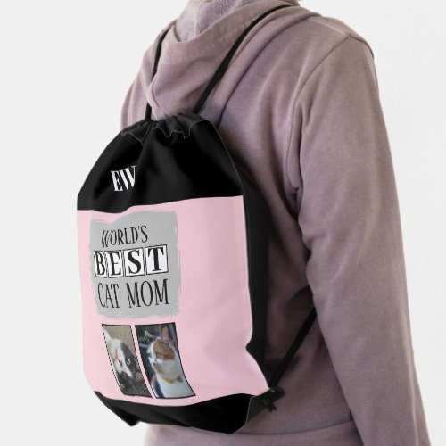 Best cat mom 2 photo initials pink grey drawstring bag