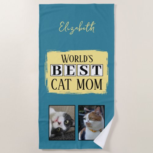 Best cat mom 2 photo name blue yellow beach towel