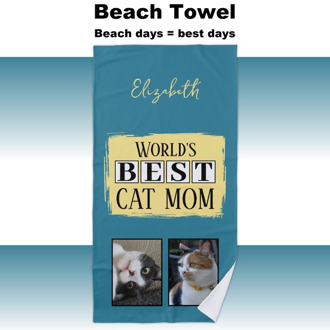 Best cat mom 2 photo name blue yellow beach towel (Creator Uploaded)