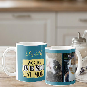 Best cat mom 2 photo name blue yellow coffee mug