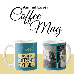 Best cat mom 2 photo name blue yellow coffee mug