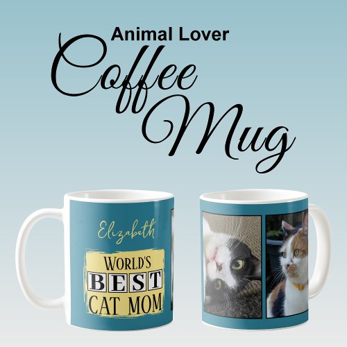 Best cat mom 2 photo name blue yellow coffee mug