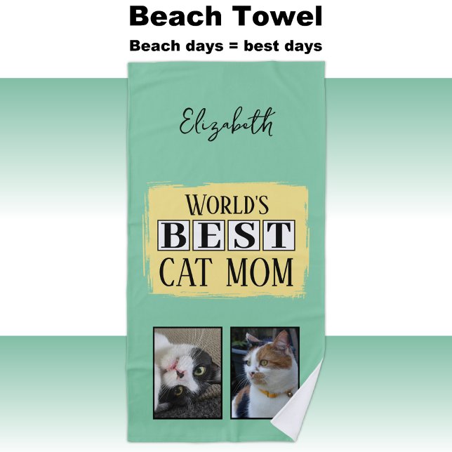 Best cat mom 2 photo name green yellow beach towel (Creator Uploaded)
