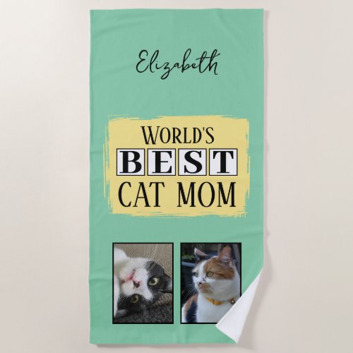 Best cat mom 2 photo name green yellow beach towel