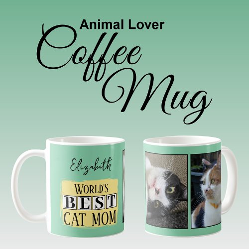 Best cat mom 2 photo name green yellow coffee mug