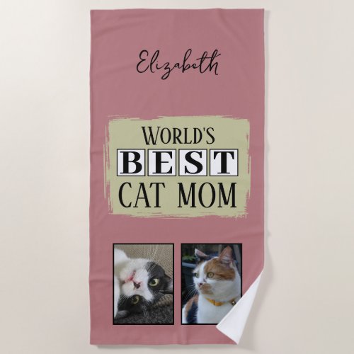 Best cat mom 2 photo name pink green beach towel