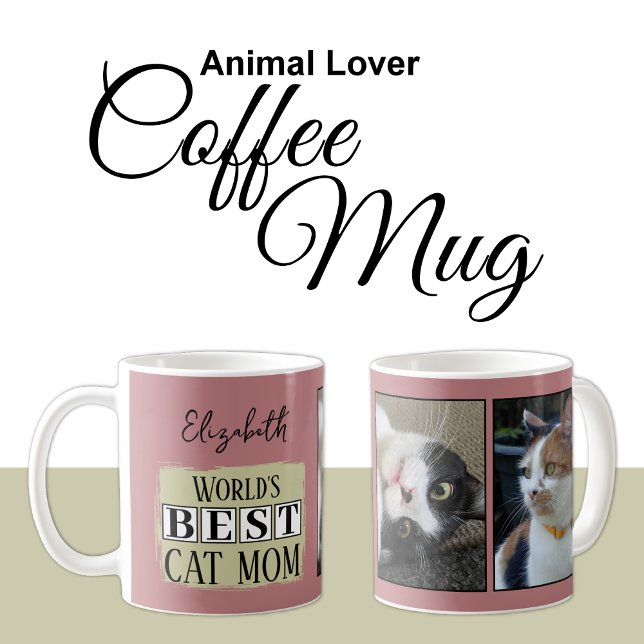 Best cat mom 2 photo name pink green coffee mug (Creator Uploaded)