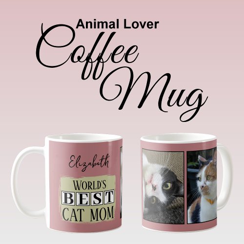 Best cat mom 2 photo name pink green coffee mug