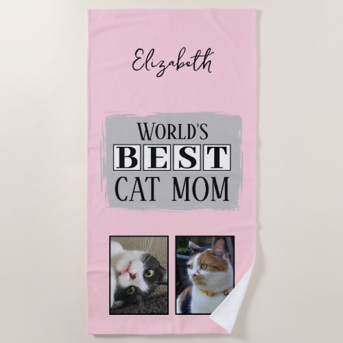 Best cat mom 2 photo name pink grey beach towel