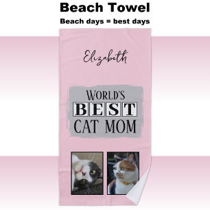 Best cat mom 2 photo name pink grey beach towel
