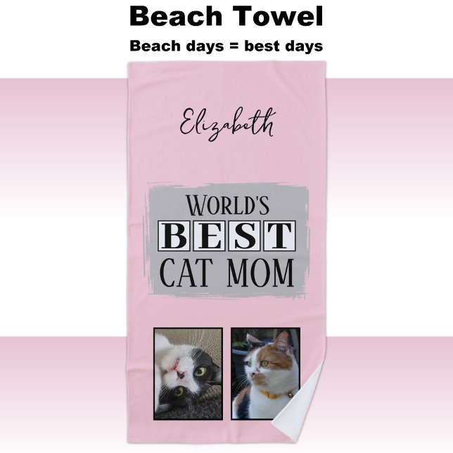 Best cat mom 2 photo name pink grey beach towel (Creator Uploaded)