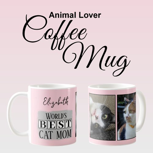 Best cat mom 2 photo name pink grey coffee mug