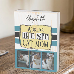 Best cat mom 3 photo name blue yellow wooden box sign