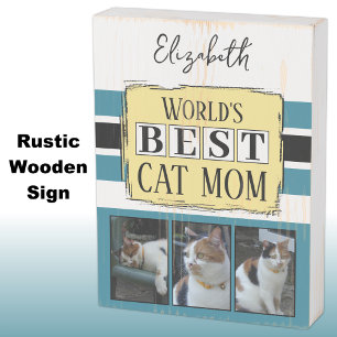 Best cat mom 3 photo name blue yellow wooden box sign