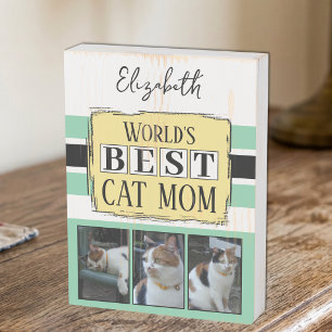 Best cat mom 3 photo name green yellow wooden box sign