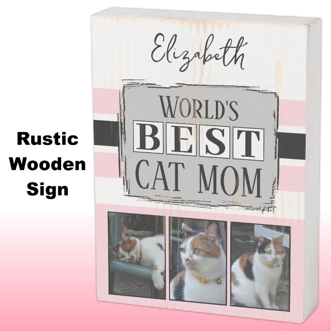 Best cat mom 3 photo name pink grey wooden box sign (Creator Uploaded)