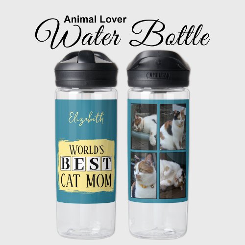 Best cat mom 4 photo name blue yellow water bottle