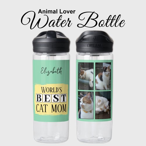 Best cat mom 4 photo name green yellow water bottle