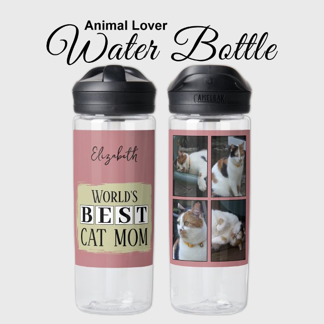 Best cat mom 4 photo name pink green water bottle (Creator Uploaded)