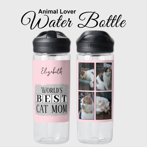 Best cat mom 4 photo name pink grey water bottle