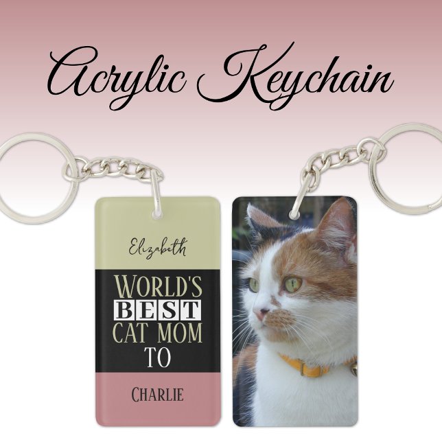 Best cat mom add name photo pink green keychain (Creator Uploaded)