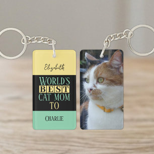 Best cat mom add name photo yellow green keychain