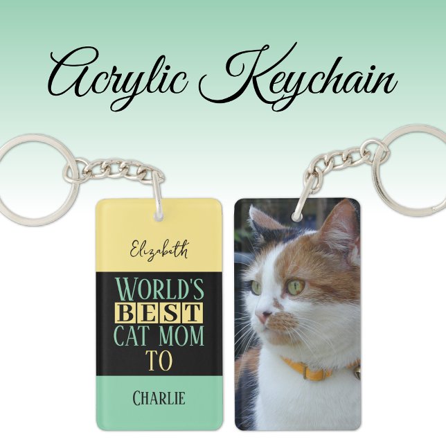 Best cat mom add name photo yellow green keychain (Creator Uploaded)