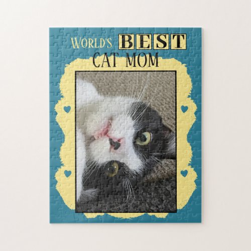 Best cat mom add photo blue yellow jigsaw puzzle