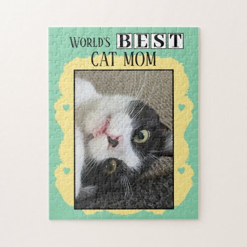 Best cat mom add photo green yellow jigsaw puzzle